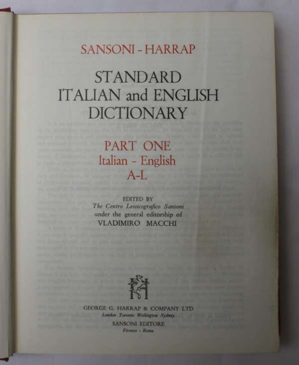 Sansoni-Harrap Standard Italian and English Dictionary, Part 1: Italian-English, A-L